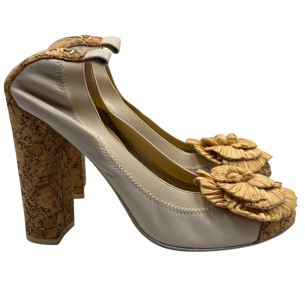 CHANEL Camellia Raffia Cork‎ Platform Heels 37 Beige Peep Toe Resort Boho - Picture 2 of 9